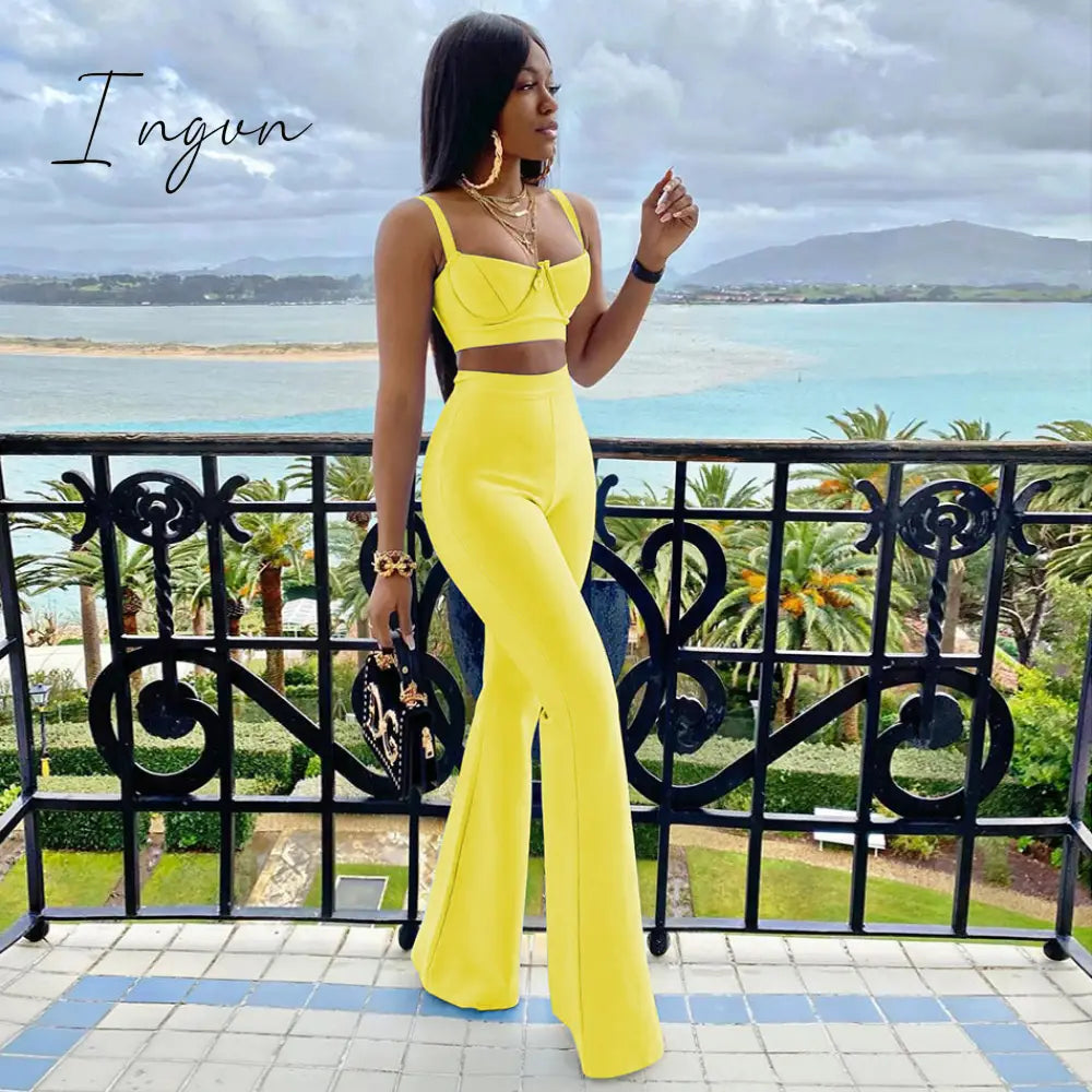 Ingvn - Set 2 Pieces Strap Sleeveless Bustiers And Long Bell-Bottoms Trousers Sexy Celebrity Party Sheath Vestidos  Dobanmbd