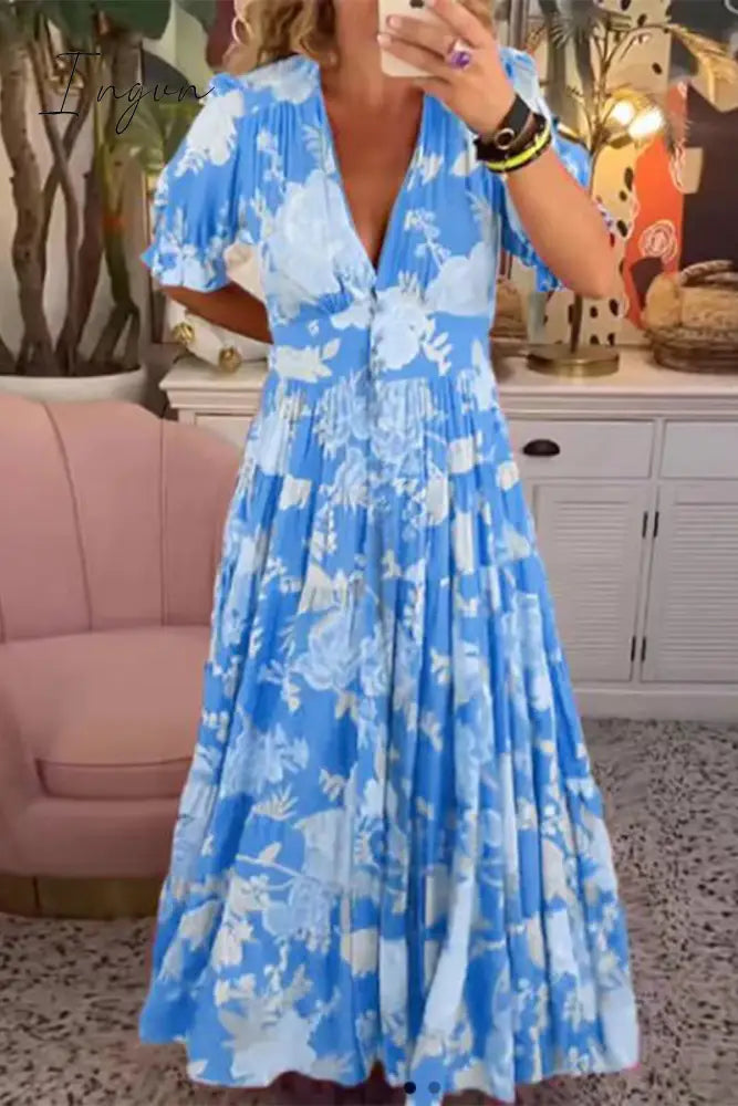 Ingvn - Sweet Elegant Floral V Neck A Line Dresses