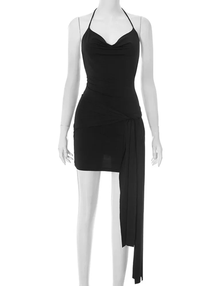 Halter Backless Draped Sexy Mini Dress Women Robe Fashion Off-shoulder Sleeveless Backless Bodycon Ruched Club Dresses