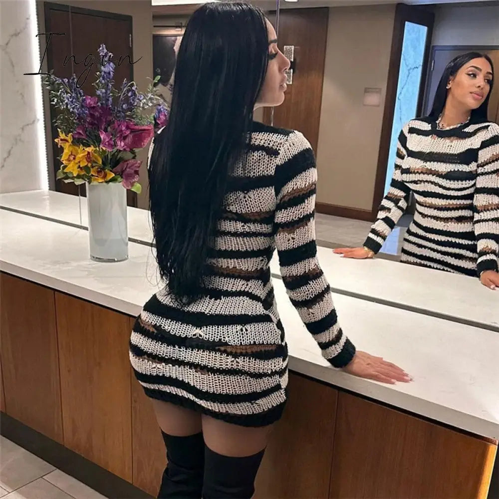 Ingvn - Patchwork Stripe Knitted Mini Dress 2023 Fall Winter Women Fashion Full Sleeve Bodycon Short Clubwear Party Outfits Streetwear