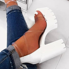 Ingvn - Chunky Heel Zipper Open Toe Strappy See-Through Sandals