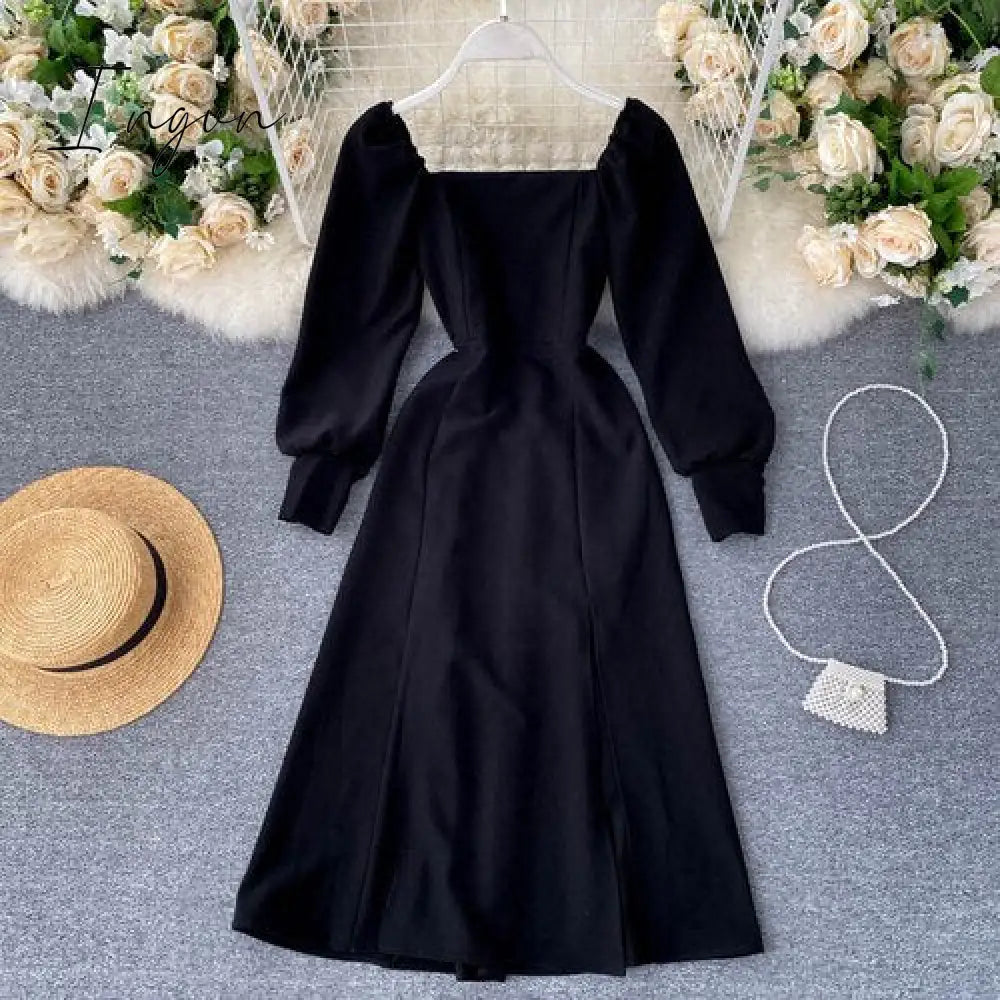 Ingvn - Women Autumn New Split Dress French Retro Square Collar Waist Hugging Slim Puff Sleeve Beading Midi Dress Female Vestidos PL487