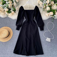 Ingvn - Women Autumn New Split Dress French Retro Square Collar Waist Hugging Slim Puff Sleeve Beading Midi Dress Female Vestidos PL487