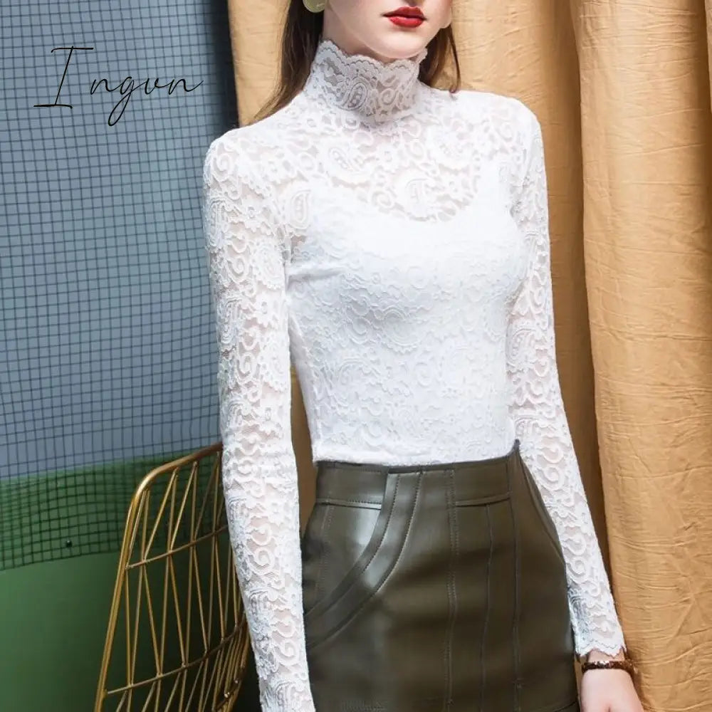 Ingvn - gifts for women Plus Size Women Lace Blouses Shirts Sexy Hollow Out Long Sleeve Solid Blouse Lady Elegant Floral Embroidery Elastic Shirt Tops