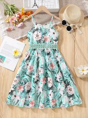 Long Length Girls Floral Print Bohemian Lace Waistline Suspender Dress - Delicate Contrast Lace, Non-Stretch Polyester Fabric, Regular Fit, Perfect for Summer Holiday and Casual Outings