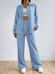 Stylish Solid Color Pantsuits - Women's Clothing - Long Sleeve Button Front Collared Shirt, Elastic Waist Wide Leg Pants, Comfortable Outfits for Daily Wear, Office, Party, and Casual Occasions
