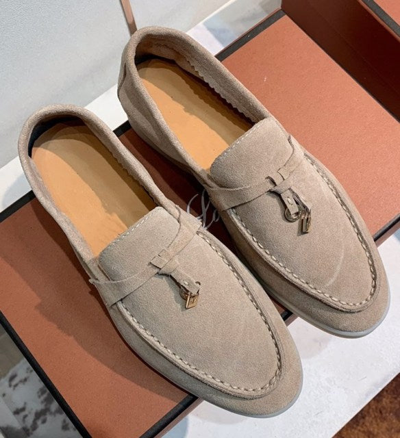 Trend New Kidsuede Women Flat Shoes Lazy Slip-on Metal Loafers Lady Casual Walk Shoes Woman Single Shoes Summer Real Leather