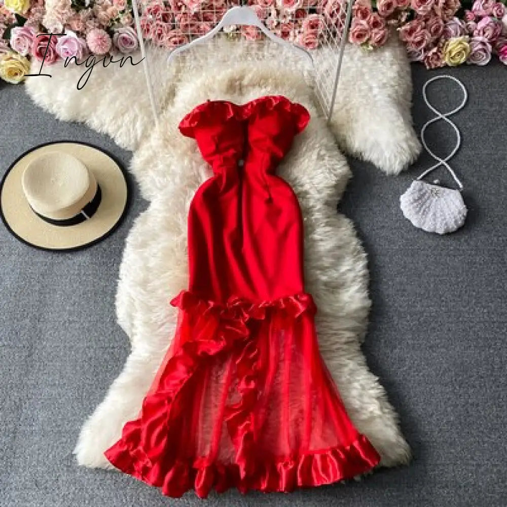 Ingvn - Trends high quality Women Spaghetti Strap Sexy Dress Strapless Bodycon Slim Red Dinner Party Dresses Mesh Patchwork Female Summer Long Dress