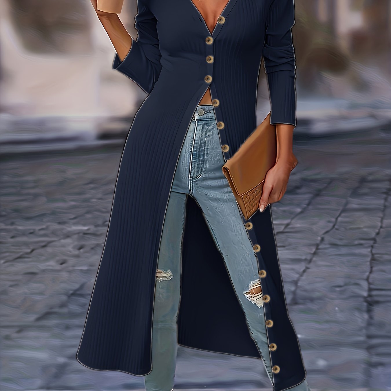 Womens Chic Solid Knit Cardigan - Soft Button Down, Long Sleeve, Slim Fit, Long Length - Perfect for Layering, Elegant Casual Wear