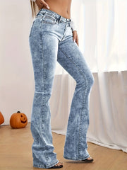 Stretchy Bootcut Jeans for Women - High-Waisted, Slant Pockets, Solid Color, All-Season, Woven Denim Trousers for Casual Wear - High-Quality, Comfortable, and Versatile Flare Leg Design