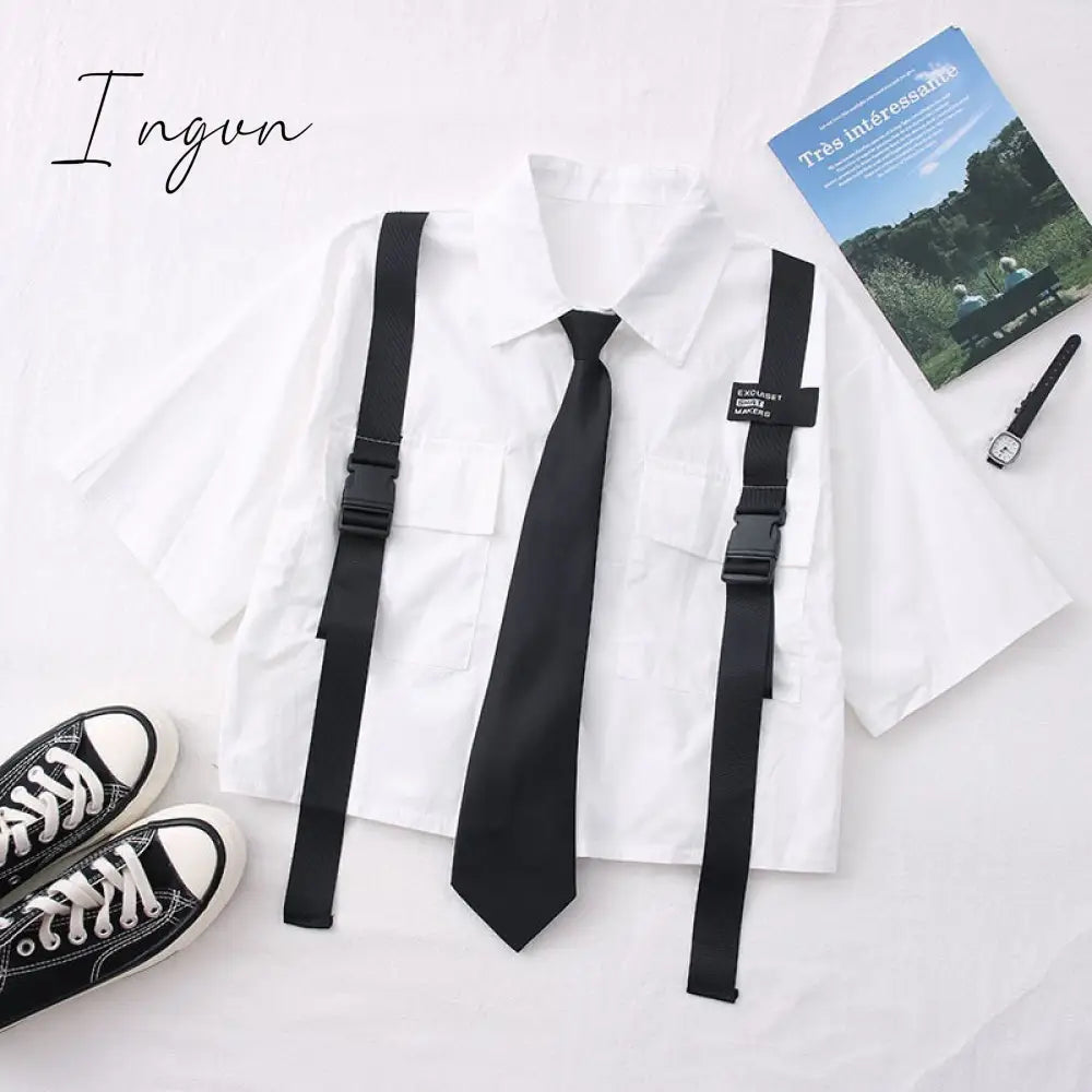 Ingvn - Spring Outfits 2023 Trends Harajuku Women Shirts And Blouses Feminine Tie Pocket Top Casual White Turn-down Collar OL Style Female Blouses Streetwear
