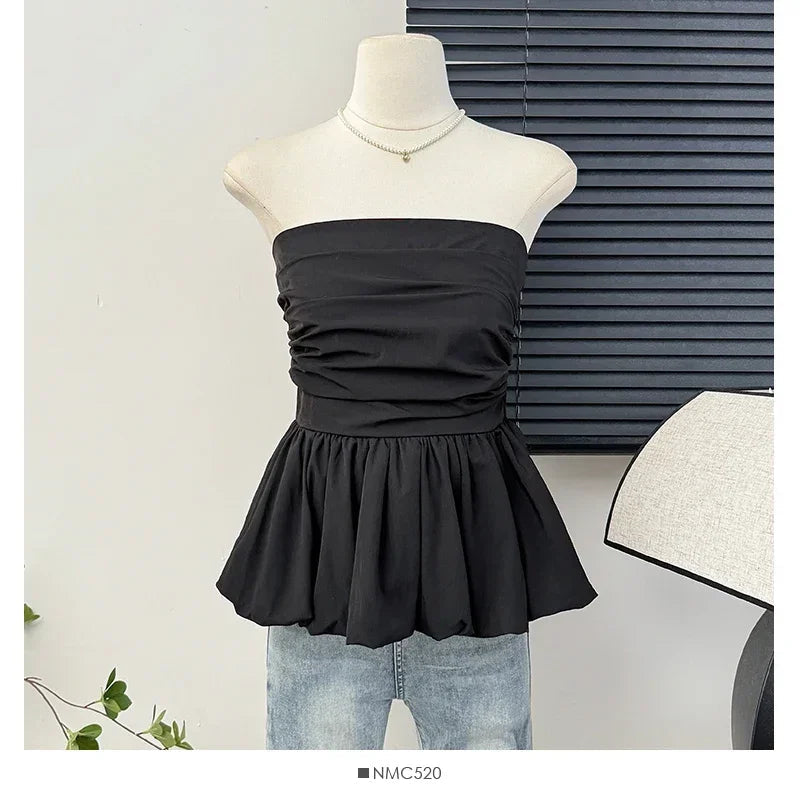 French One Shoulder Pleated Slim Tube Top Women Sexy Waist Ruffled Sleeveless Vests Summer Y2k Solid All Match Tanks