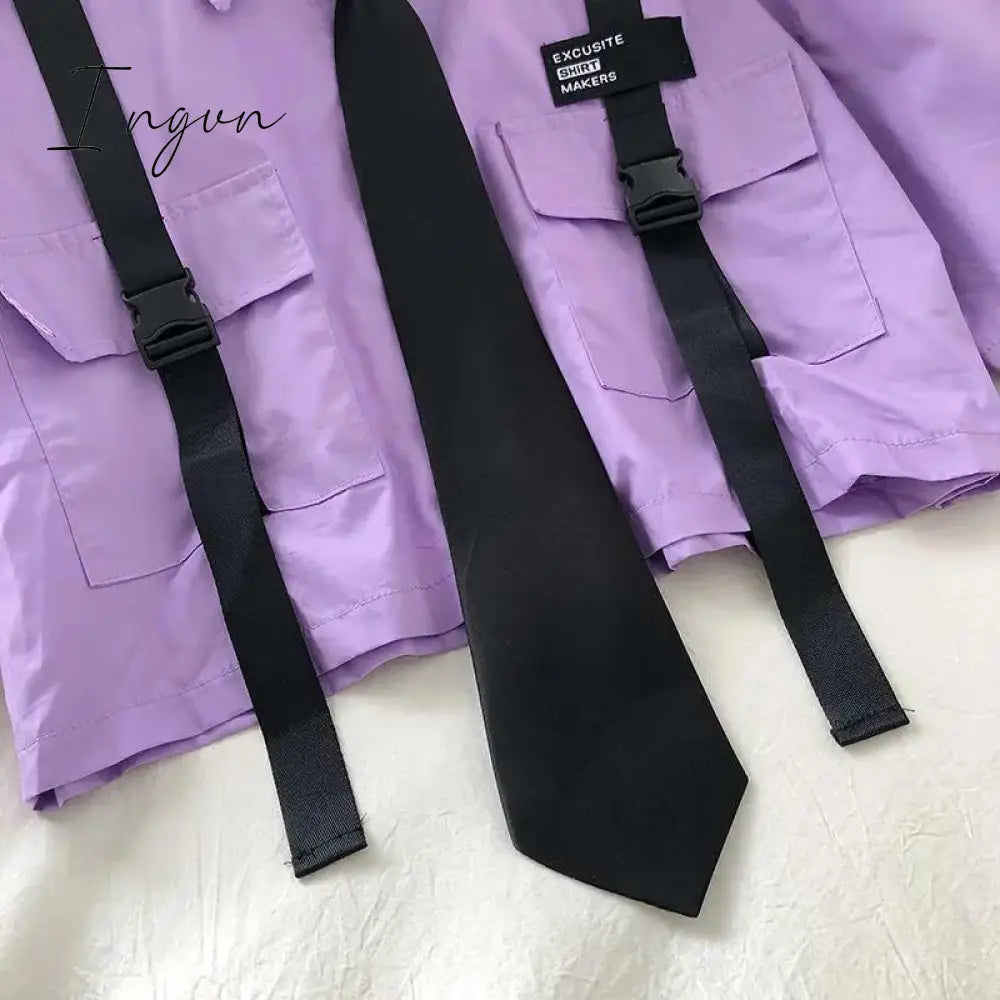 Ingvn - Autumn Streetwear Pants High-Waist Straight Ribbon Cargo Pants Student Loose Short-Sleeved Shirt with Tie two-piece Set
