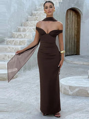 Elegant Off-shoulder Backless Sexy Maxi Dress Women Gown Fashion Scarf Collar Sleeveless Bodycon Club Party Long Dress