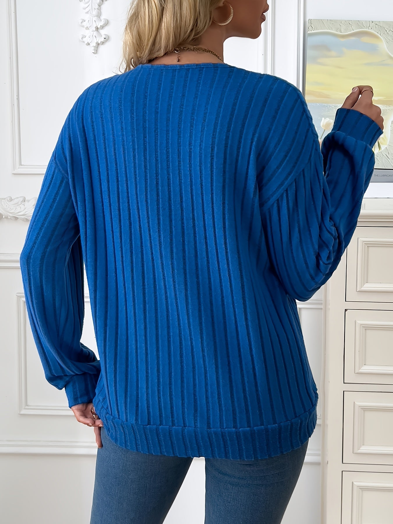 1pc Elegant Women'S V-Neck Ribbed Sweater - 100% Polyester Knit Fabric, Solid Color, Long Sleeve, Regular Length for Spring/Fall