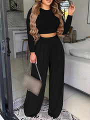 Two-piece Long Sleeve & Long Length Solid Casual Crew Neck Outfits, Women's Clothing Set