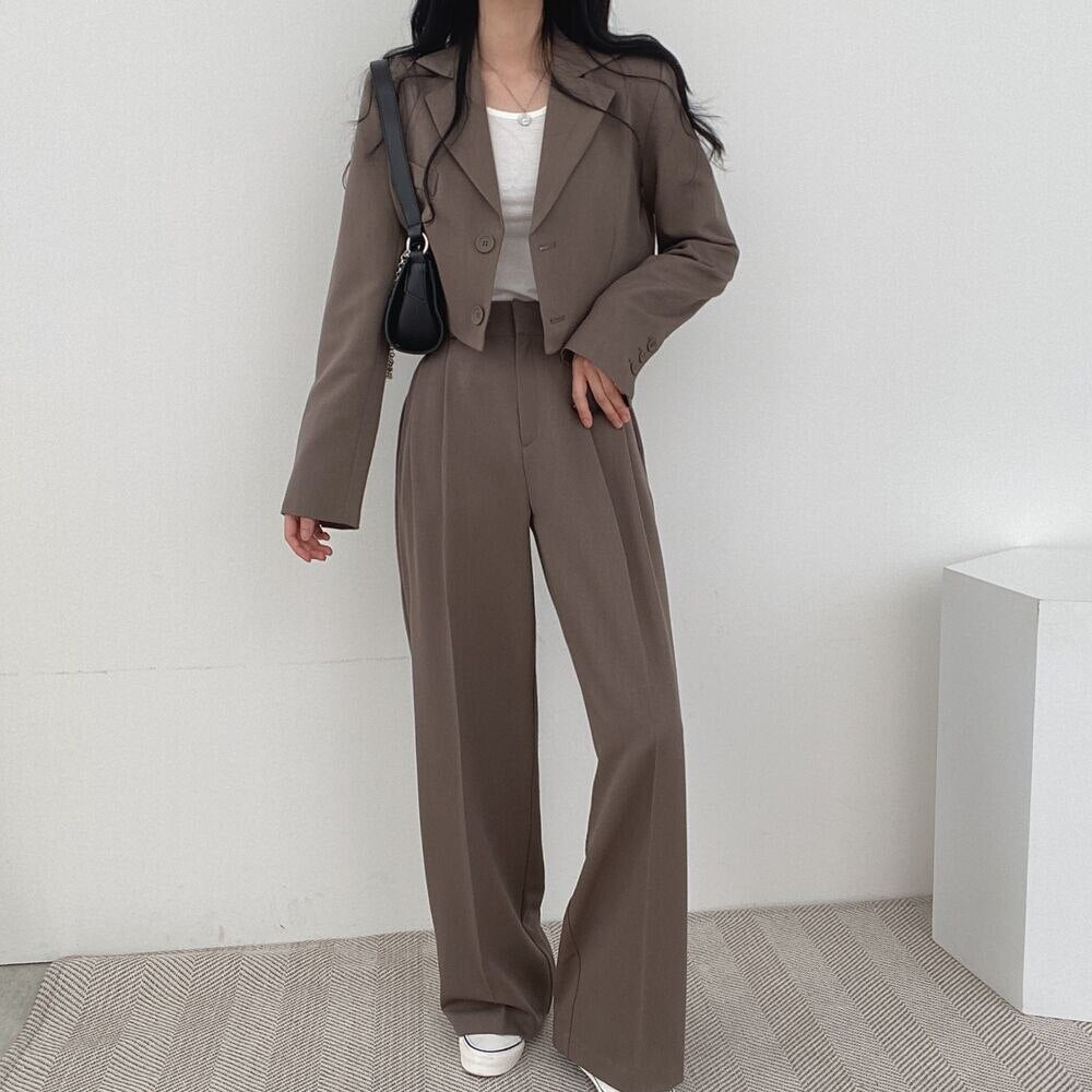 Korean Style Office Lady Blazer Sets Autumn Loose 2 Two Piece Set Women Long Sleeve Short Suit Coat + Straight Suit Pants Suits