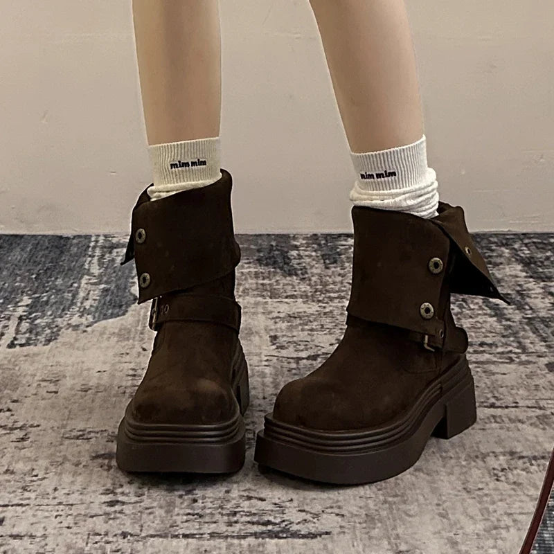 Ingvn  Vintage Spring Autumn Women Motorcycle Boots Fashion Belt Buckle Mid Calf Booties Platform Thick Heel Casual Ladies Shoes