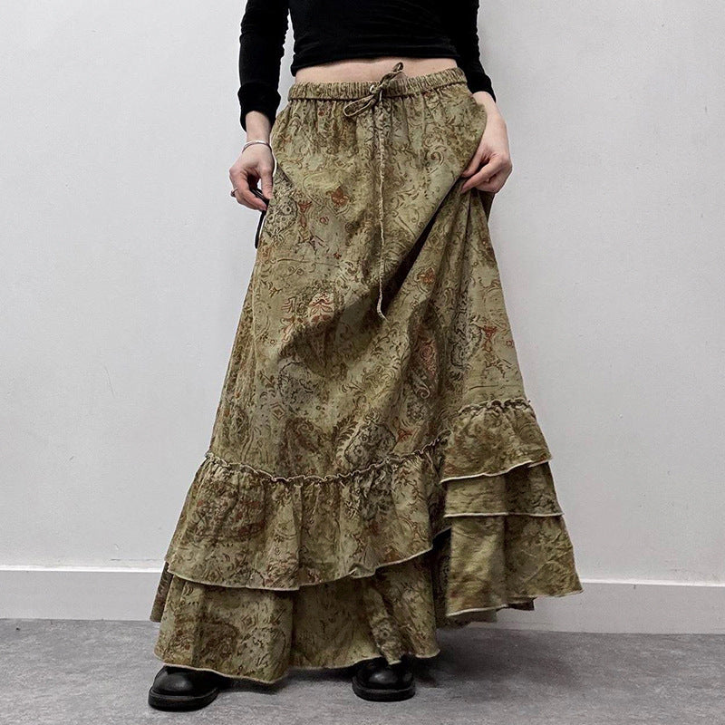 Green Field Mist Retro Lace Skirt Women's Antique Mori Niche Dipping Zipper Design A- Length Skirt Summer