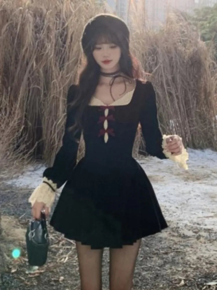 Y2K Sweet  Black Velvet Womens Dresses French Vintage Lace Patchwork Princess Birthday Party Mini Dress Female Short Vestidos