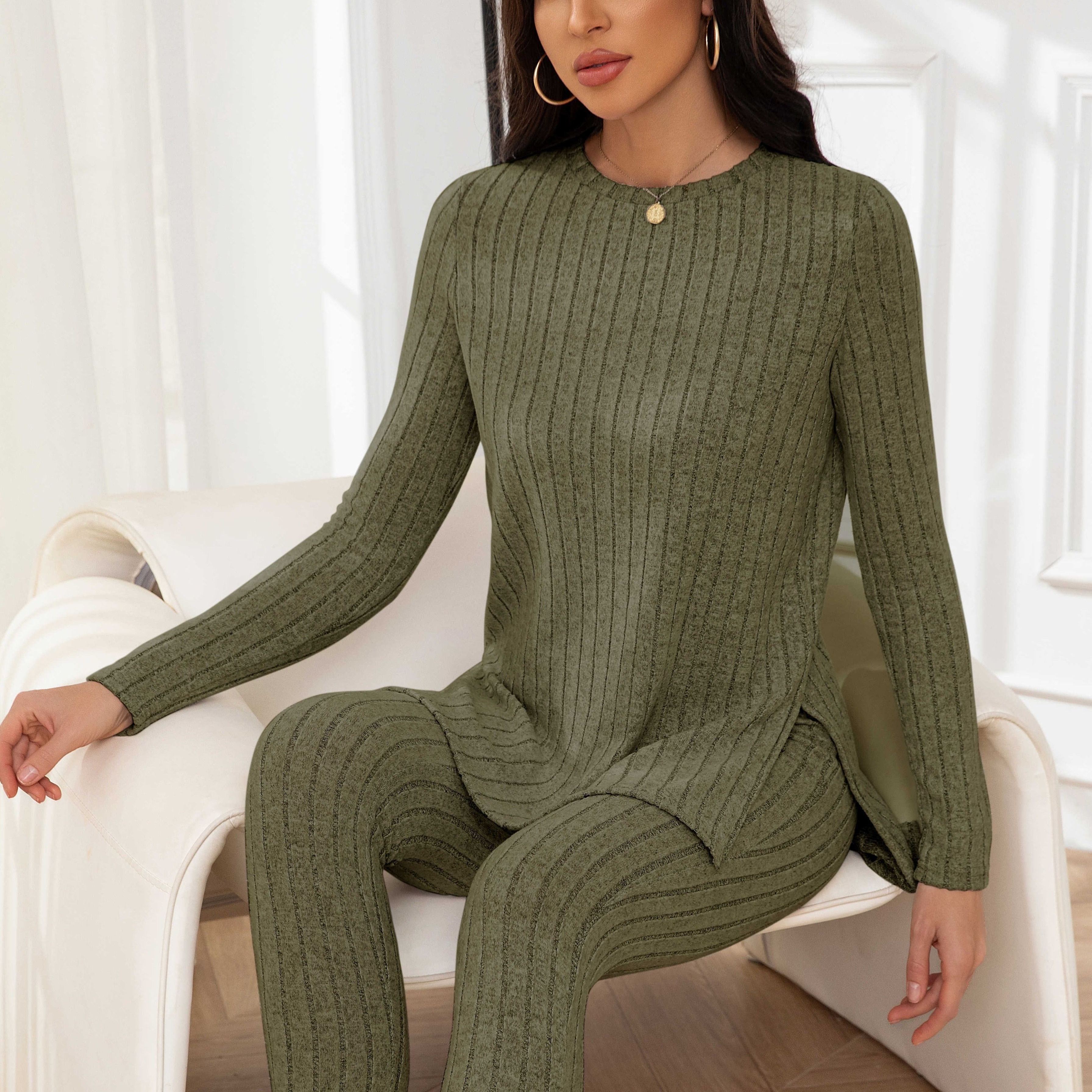 Casual Ribbed Knit Two-piece Set, Split Hem Long Sleeve Top & Slim Pants Outfits, Women's Clothing