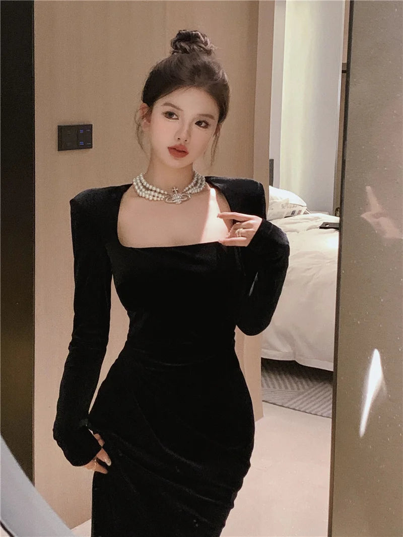 Elegant Solid Velvet Mermaid Dress for Women Vintage Chic Square Collar Bodycon Evening Party Dresses Female Slim Vestidos Mujer