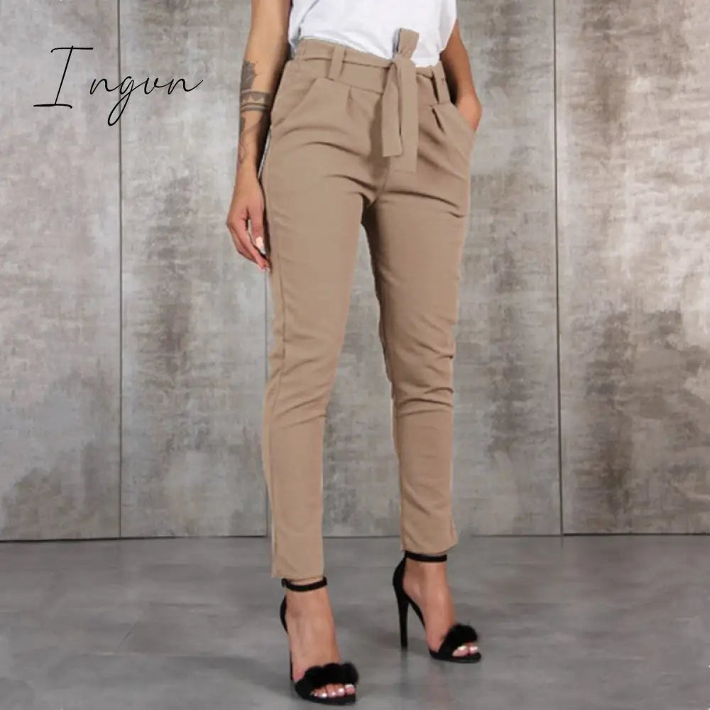 Ingvn - Casual Slim Chiffon Thin Pants For Women High Waist Black Khaki Green Pants Woman Trousers