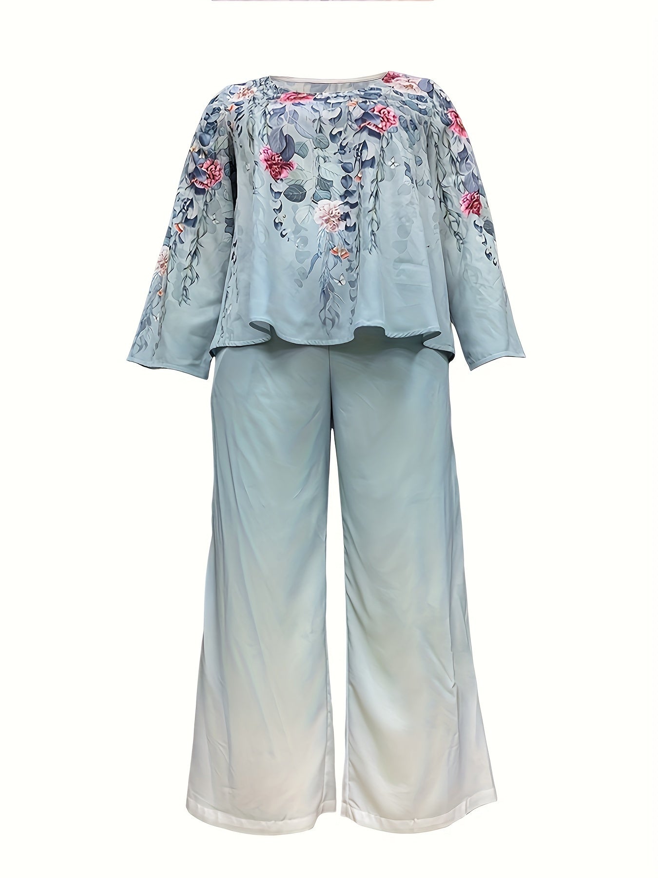 Plus Size Casual Outfits Set, Women's Plus Floral Print Long Sleeve Round Neck Top & Wide Leg Pants Outfits Two Piece Set
