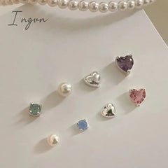 4PCS Korean Fashion Colorful Zircon Heart Metal Pearl Stud Earring for Women Aesthetic Jewelry Set Earrings Wedding Accessories