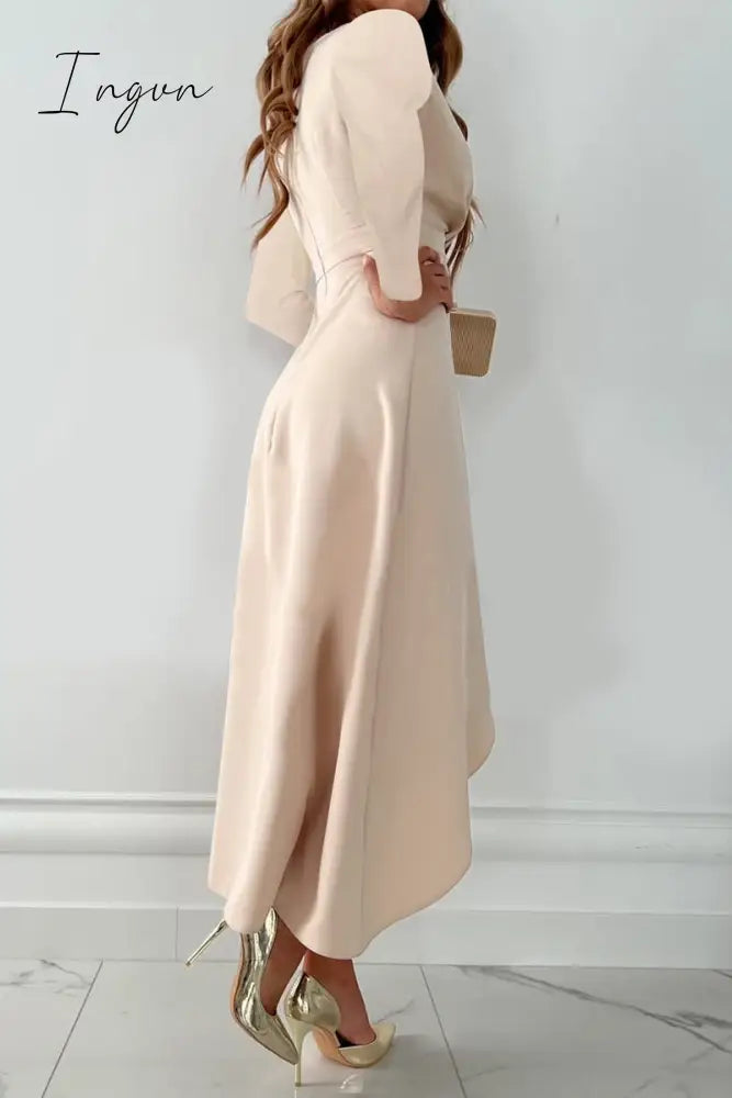 Ingvn - Fashion Solid Patchwork V Neck Asymmetrical Dresses(5 colors)