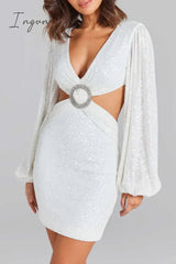 Ingvn - Sexy Solid Sequins Sequined V Neck Wrapped Skirt Dresses
