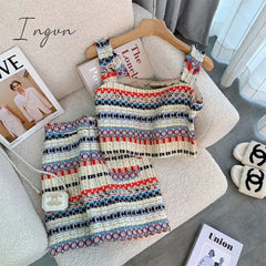 Ingvn - 2023 Summer Elegant Sexy Tweed Stripe 2 Piece Set Women Short Vest Crop Top + A-line Skirt Vintage Two Piece Skirt Set Outfits