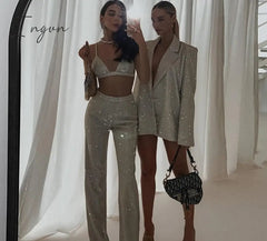 Ingvn - Sexy Glitter Sleeveless Crop Top Two Piece Pants Set Women Summer High Waist Pants Set Bodycon Straight Trouser Suits