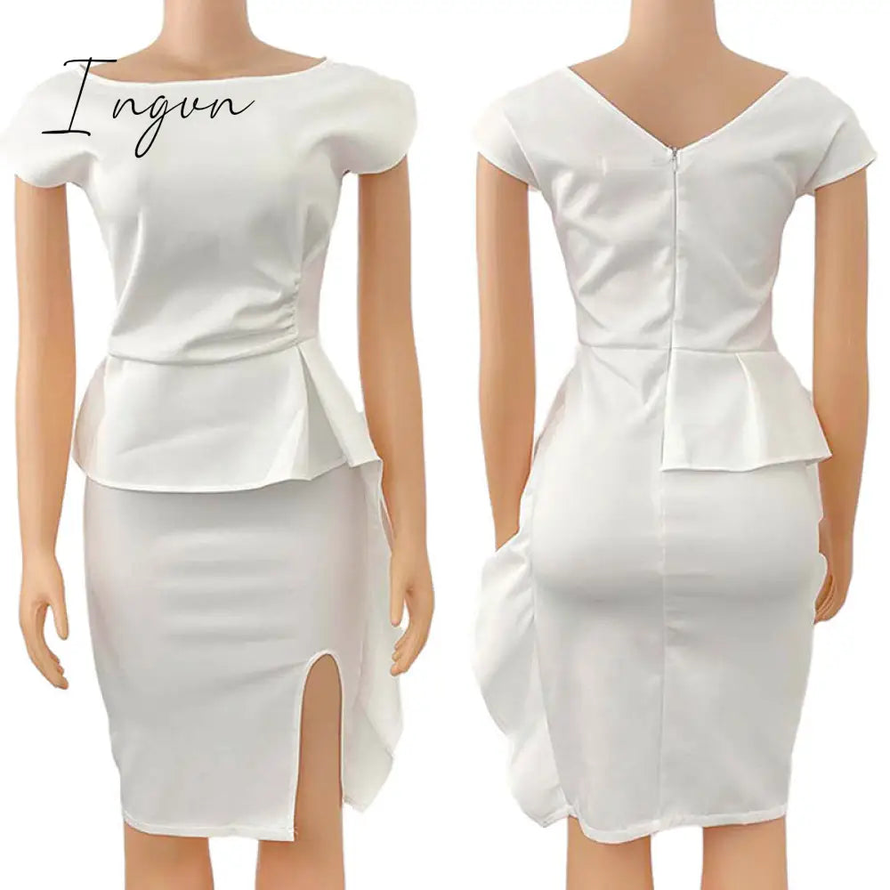 Ingvn - Sexy Bodycon Short Sleeve Dresses Split Package Hip Solid Event Party Dress Fashion Office Ladies African Femal Plus Size