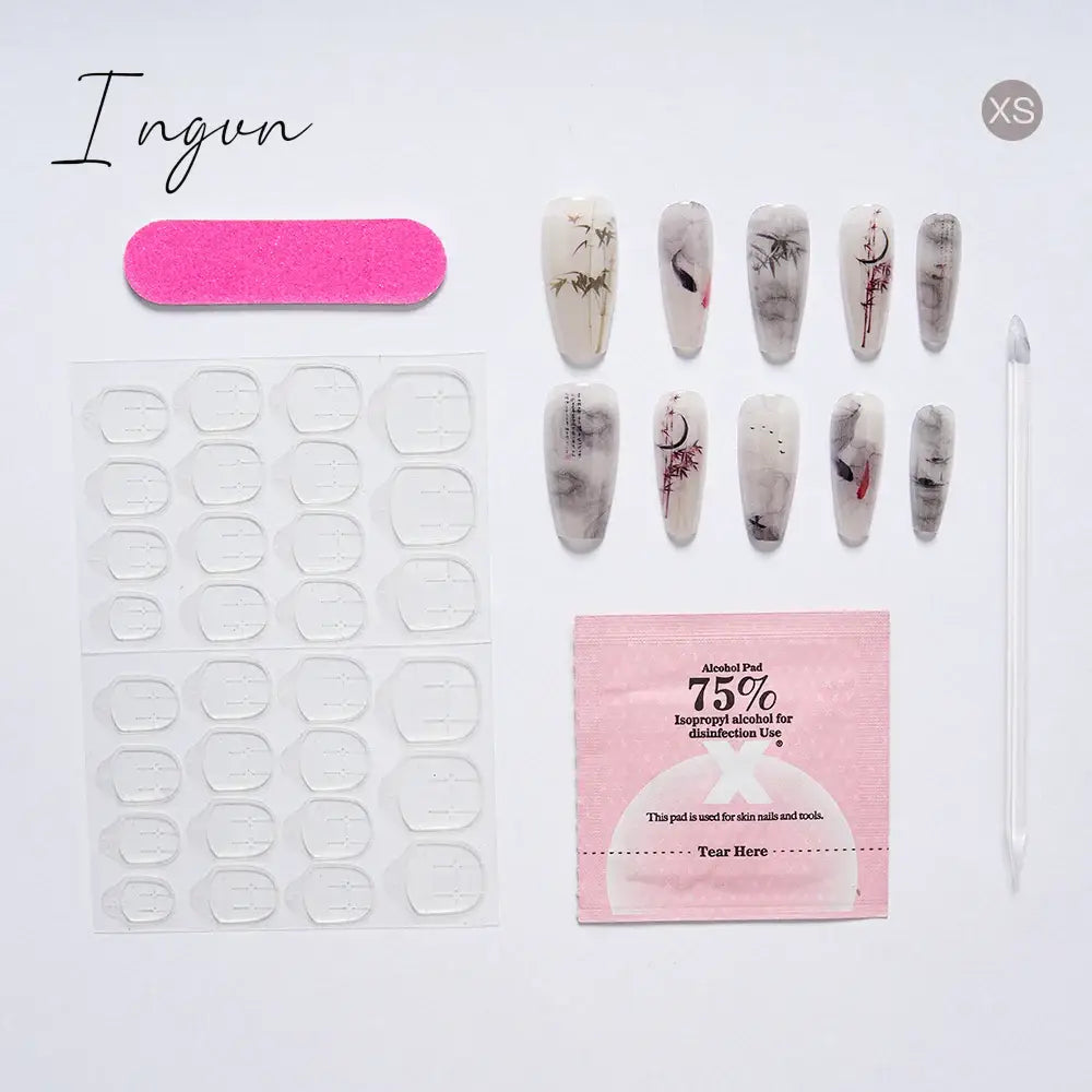 10PCS Chinese Style Fake Nails with Glue Sfumato Ink Long Nails Set Press on Acrylic Stick on False Nails Art