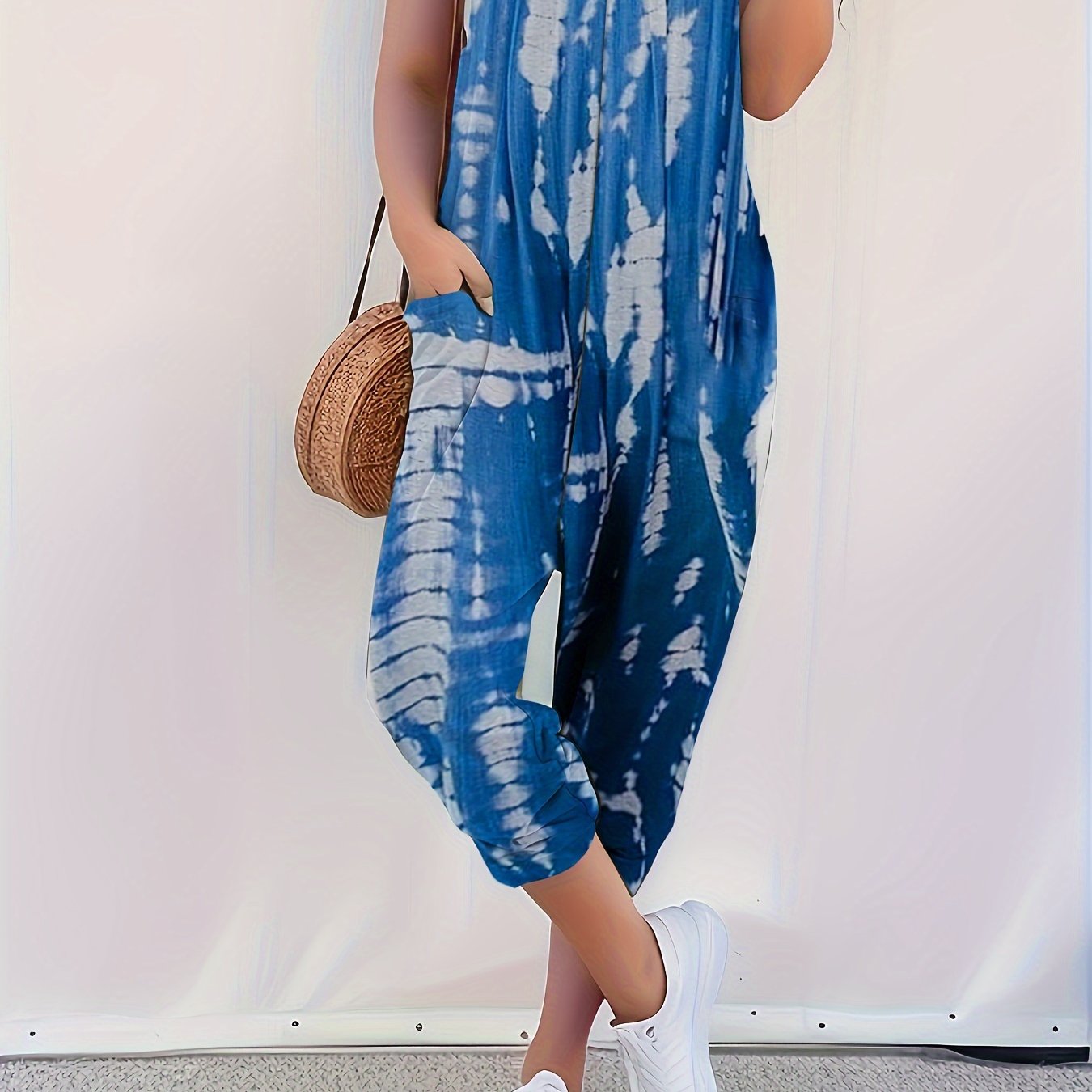 Solid Patched Pockets Overall Jumpsuit, Versatile V-neck Overall Jumpsuit For Spring & Summer, Women's Clothing