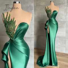 Ingvn - 2023 Green Mermaid Evening Dresses For African Women Long Sexy High Split Shiny Beads Sleeveless Formal Illusion Prom Party Gown