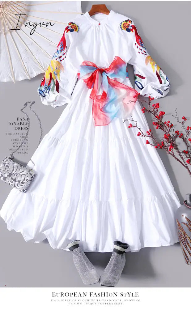 Ingvn - High Quality Luxury Design Runway Female Elegant Embroidery Women Dress Lantern Sleeve High Waist Maxi Long Dresses