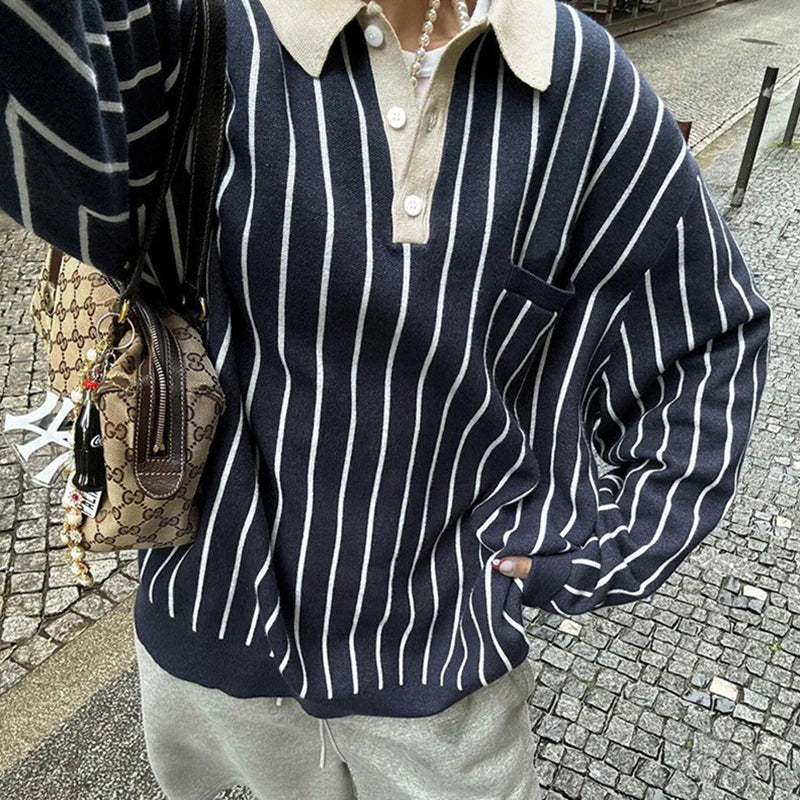 Preppy Style Loose Sweatshirt Y2k Streetwear Patchwork Full Sleeve Turn-down Neck Hoodies Women Casual Vintage Pullovers