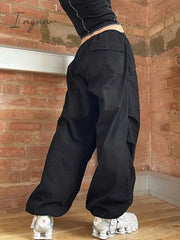 Ingvn - Casual Baggy Wide Leg Sweatpants White Loose Drawstring Low Waist Streetwear Cargo Pants Womens Hippie Joggers Trousers