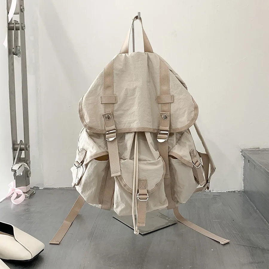 Ingvn  Preppy Style Flap Buckle Muti Pocket Nylon Women Backpack Niche Design College School Women Bags Travel Commuter Girls Backpack