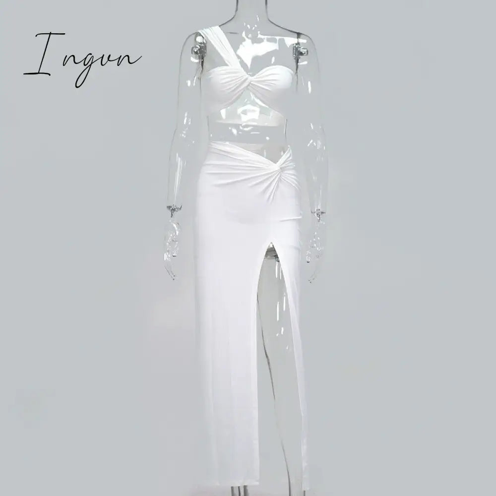 Ingvn - 2023 Fashion Trends Sexy Strapless Wrap Top and Split Maxi Skirts Fall Sleeveless Outfit Two Piece Set Night Club Party Matching Set