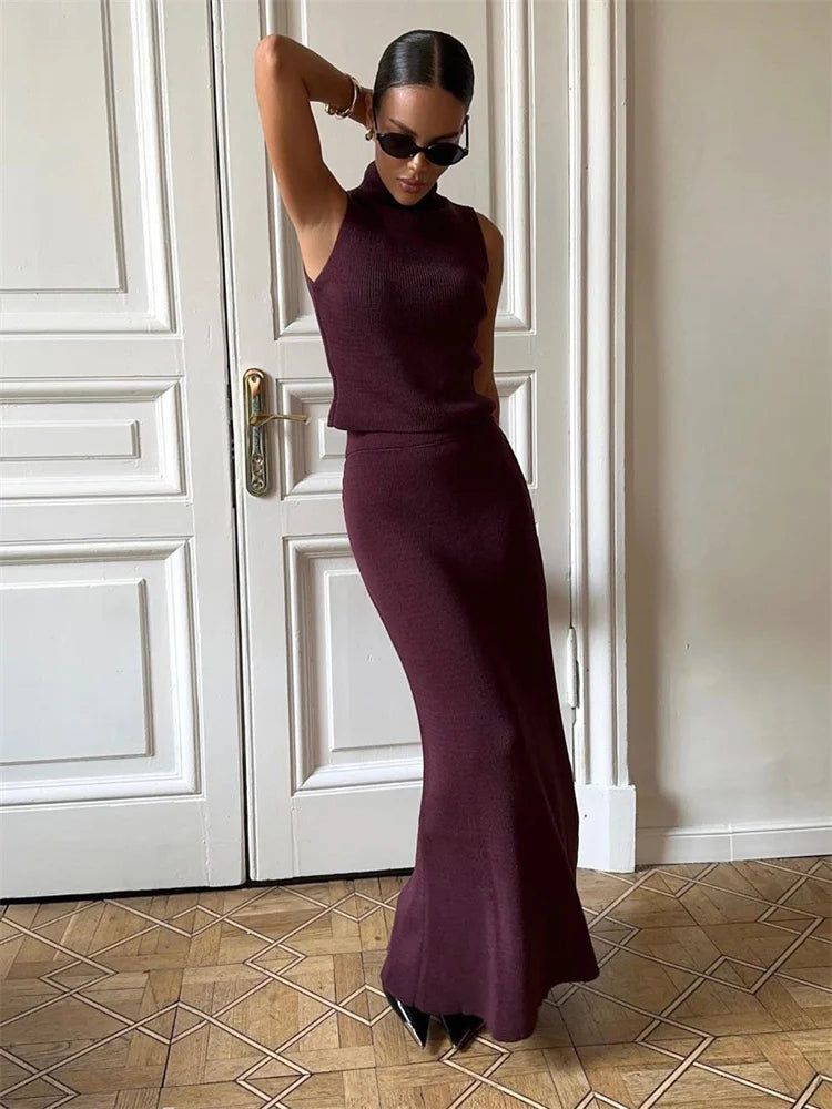 Elegant Knitwear 2 Piece-Set Long Dress Female Ribbed Sweater Pullover And Loose Patchwork Maxi Skirt Sets Ladies Outfits