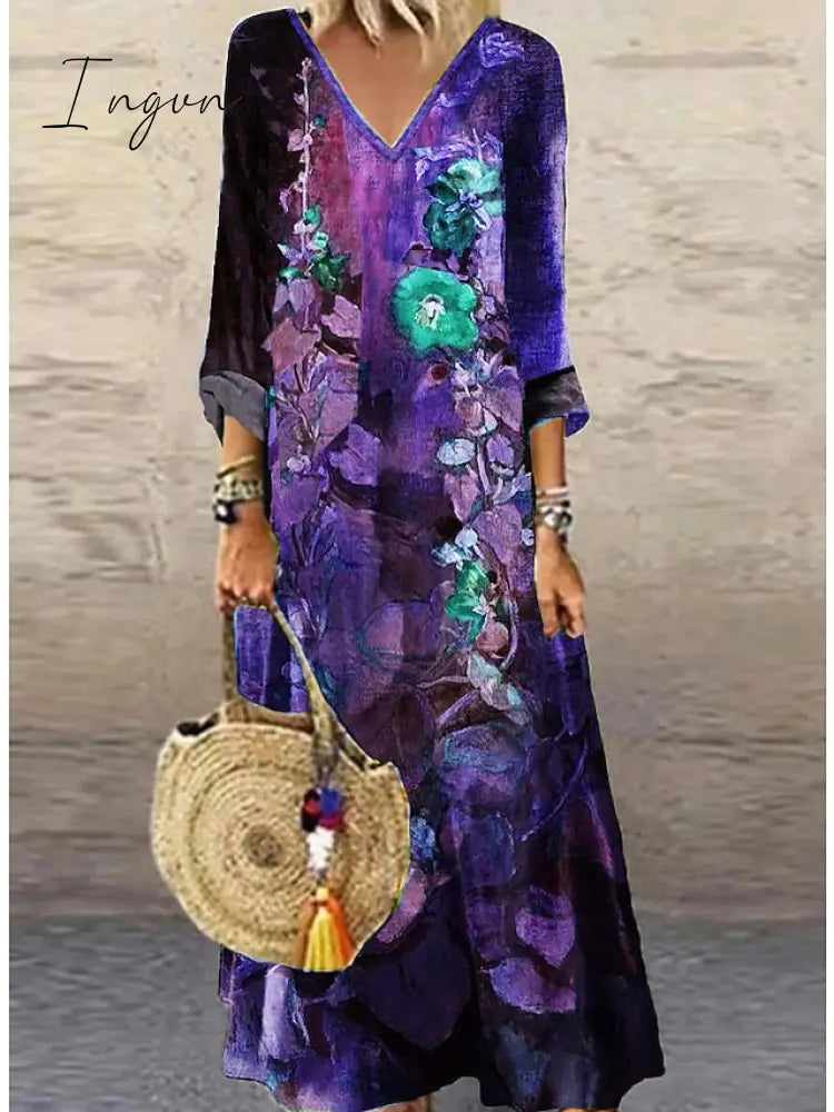 Ingvn - Women's Casual Dress Ethnic Dress Long Dress Maxi Dress Green 3/4 Length Sleeve Floral Print Summer Spring Fall V Neck Classic Vacation 2023 S M L XL XXL 3XL 4XL
