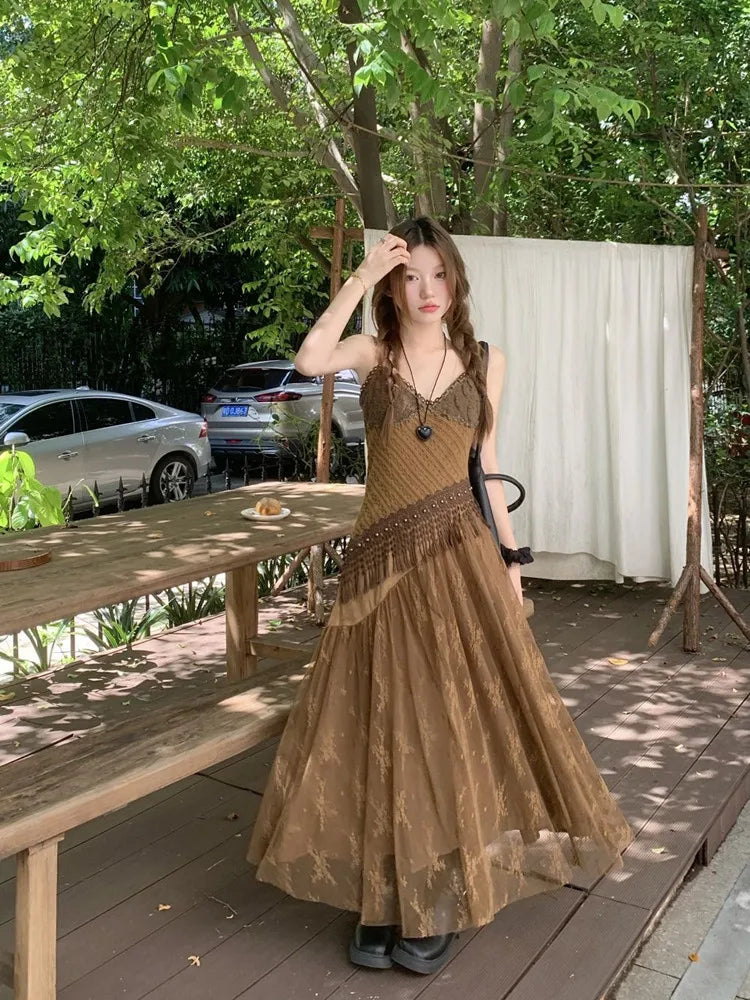Korean style Ethnic Irgular Spaghettic Strap Fairy Boho Hippie Dress Women Tassel Mesh Stitching Spice Summer Beach Slim Dress