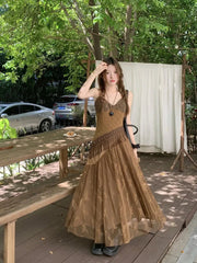 Korean style Ethnic Irgular Spaghettic Strap Fairy Boho Hippie Dress Women Tassel Mesh Stitching Spice Summer Beach Slim Dress