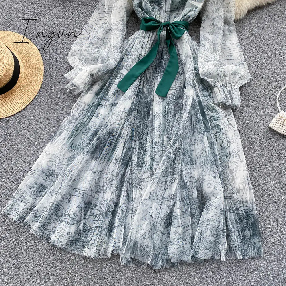 Ingvn - Elegant Women Mesh Dress Vintage Lantern Sleeves Printed Party Dresses Spring Summer Patchwork A Line Bandage Beach Dress