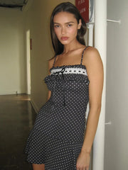 Spaghetti Strap Polka Dot Mini Dress For Women Robe Contrast Color Off-shoulder Sleeveless Backless Club Party Dress