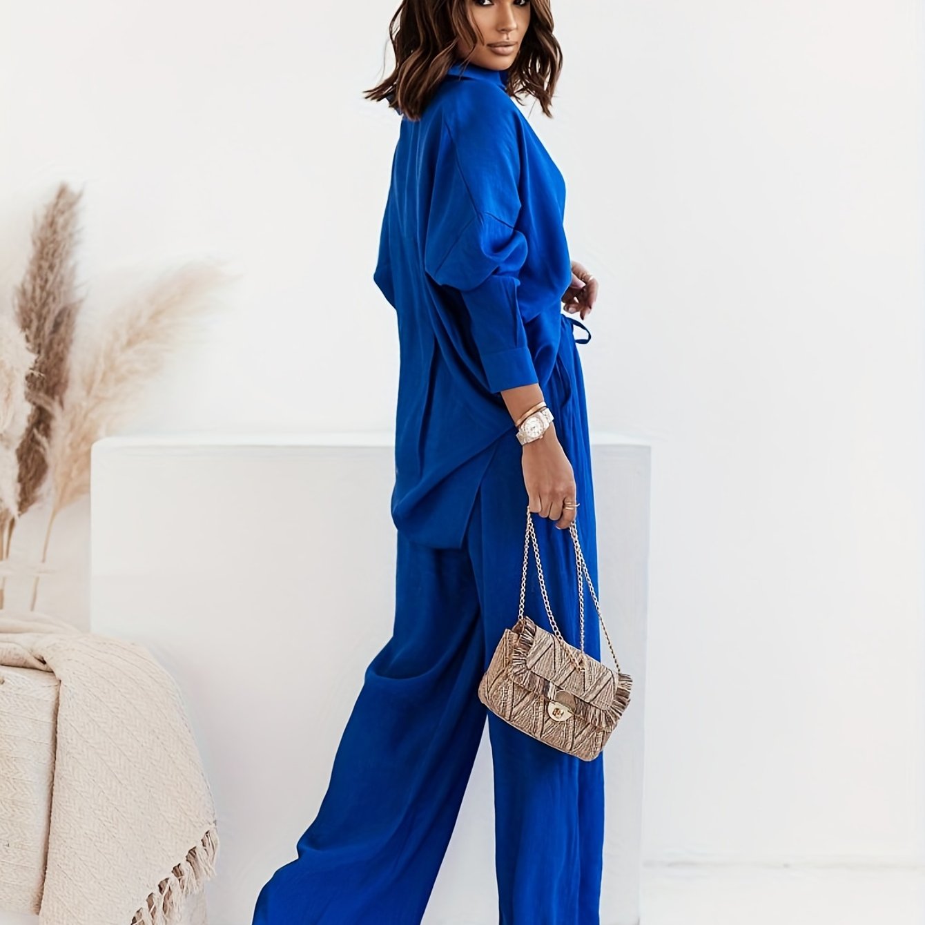 Plus Size Casual Outfits Two Piece Set, Women's Plus Solid Button Up Long Sleeve Turn Down Collar Blouse & Elastic Drawstring Wide Leg Pants Outfits 2 Piece Set
