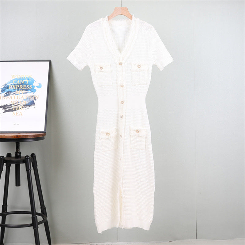 Summer French Style Gentle Style Tassel Knitted Short-sleeved Dress Women's V-neck Solid Color Elegant Slimming Mid-length Dress